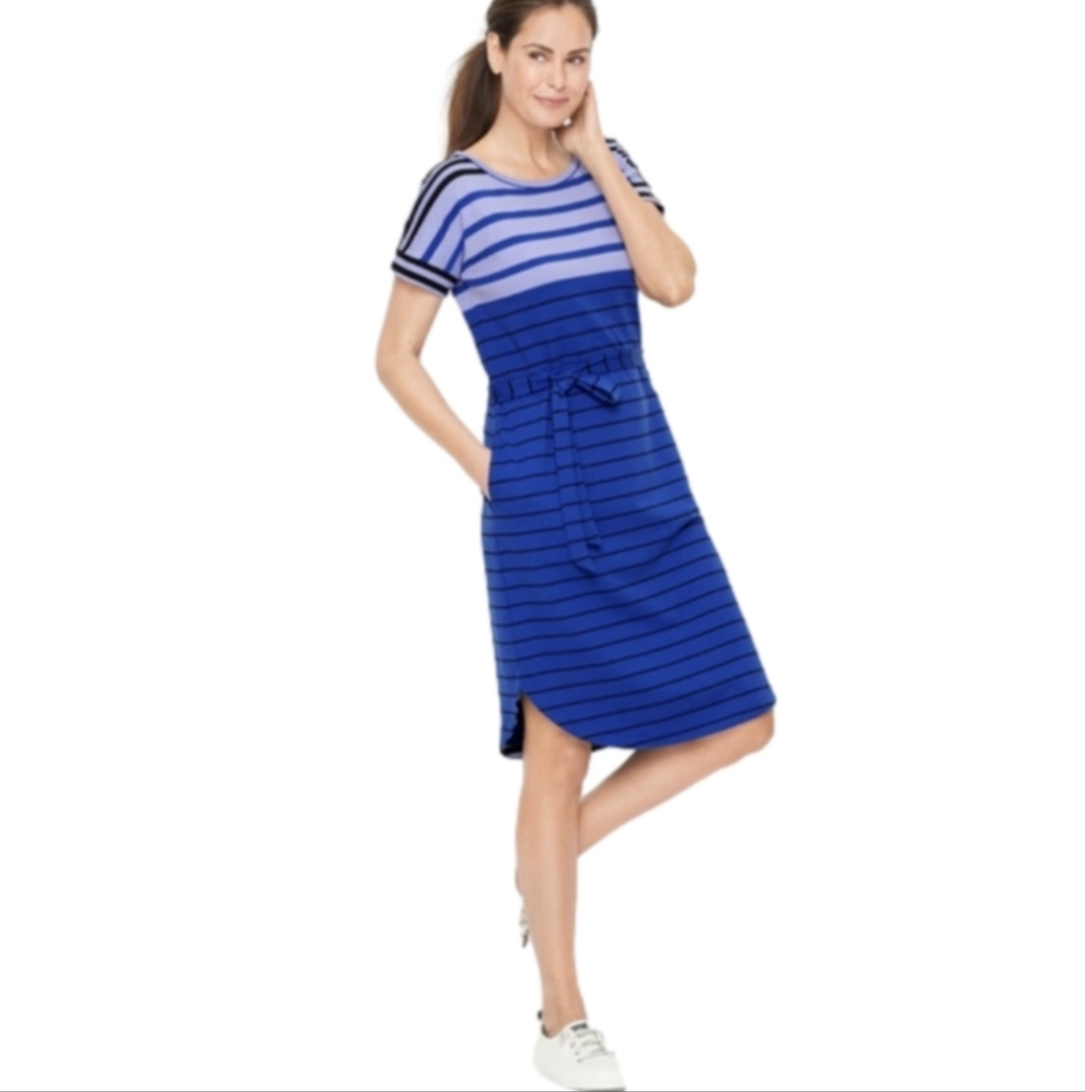 Talbots Women's Dress Tonal Stripe Casual Comfy Cotton Blue Purple Belted Medium